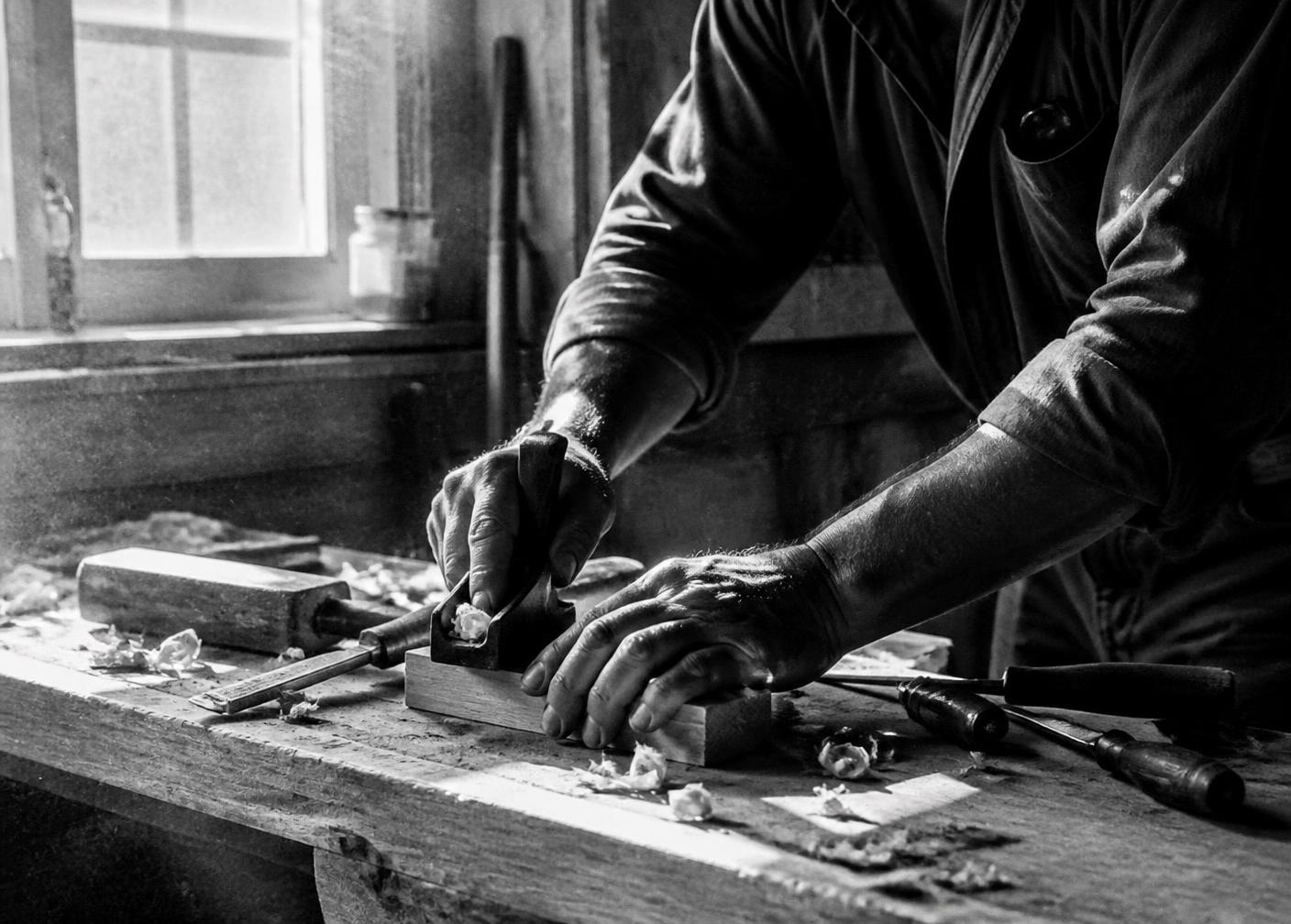 A craftsperson's hands planing wood at a workbench